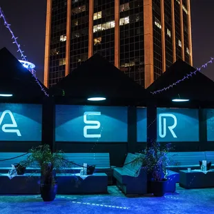 a night scene with blue lights