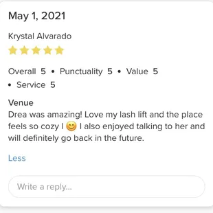 One of my reviews from Vagaro - my booking website