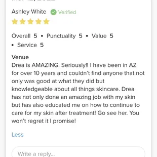 One of my reviews from Vagaro - my booking website