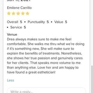 One of my reviews from Vagaro - my booking website