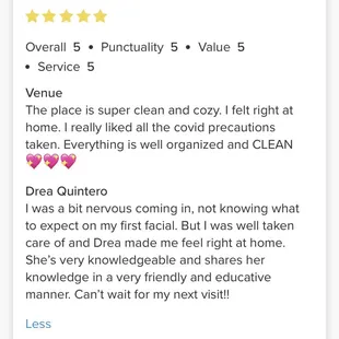 One of my reviews from Vagaro - my booking website