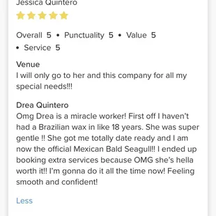 One of my reviews from Vagaro - my booking website