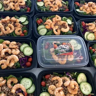 a tray of shrimp salads