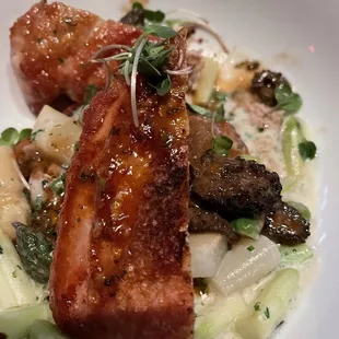 Pheasant Breast over corn cake with morrel cream sauce and asparagus ragout