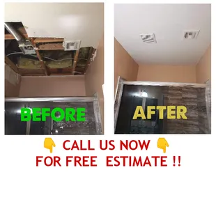 water damage on a small bathroom ceiling . before and after  505-514-0262