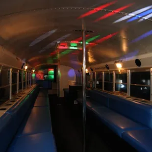 Blue Babe is equipped with a 1200 watt sound system with 4 12'' subs and 8 speakers, a DJ light and color changing LED's.