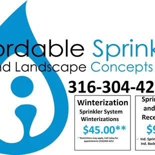a blue water drop with the words affordable sprinklers and landscape concepts