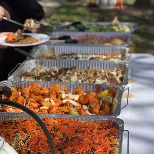 Qabili Pallow, Chicken Kabob, Mantoo, Eggplant Borani, Potato Bolani, Salad, Afghan Bread, Chutney