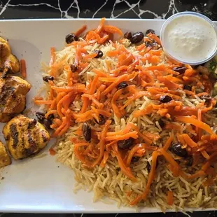 Chicken shish kabob with Kabuli-style rice. GET. IT.