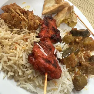 Chicken Tikka, Eggplant Okra curry, chicken curry, potato samosa