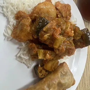 Veggie beef roll, eggplant okra curry, white rice