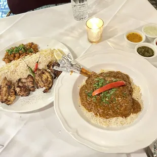 Boneless juicy chicken thighs and Moghuli with lamb shank