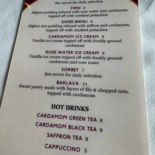 Dessert menu
