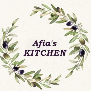 an olive wreath with the words afia&apos;s kitchen