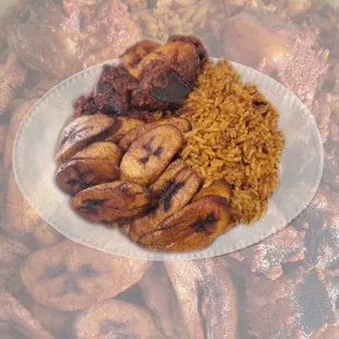 Jollof rice served with plantains, chicken and beef.