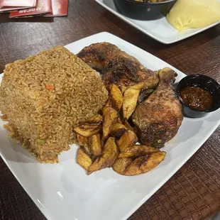 Waakye( Rice &amp; Peas) &amp; Chicken ( Fried Plaintains, Spagetti, Eggs, Gari,)