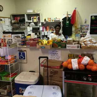 a woman standing at the counter
