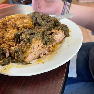 egusi/ palava sauce Jollof rice