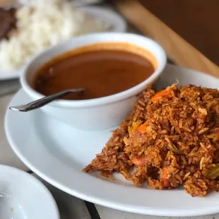 a plate of rice and a bowl of soup