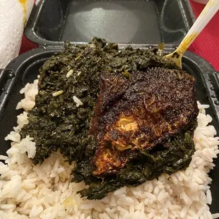 Potato Greens, rice, and fish.