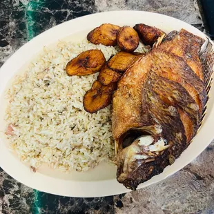 tilapia with dry rice and plantains