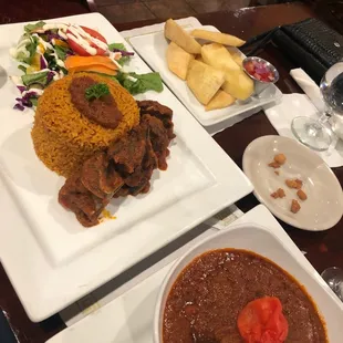 Beef stew, jellof rice, fried yam