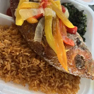 Whole fish, Jollof rice with spinach