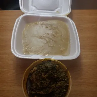 Egusi and fufu. Senegalese style. Very different in taste and look from Nigerian Style. This egusi is very smoky flavored. No palm oil.