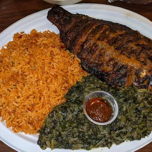 Grilled tilapia with Jollof rice &amp; greens