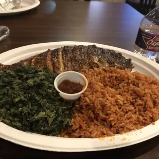 Grilled Tilapia, Greens and Jollof Rice