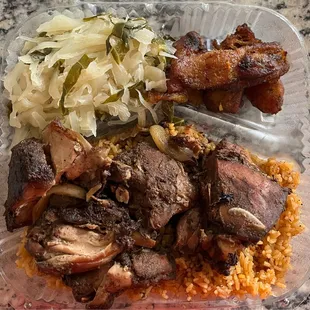 Jerk Chicken with Jollof Rice, Plantains, and Mixed Greens