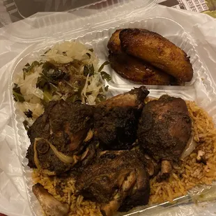 Jerk Chicken, Jollof Rice, Plantains