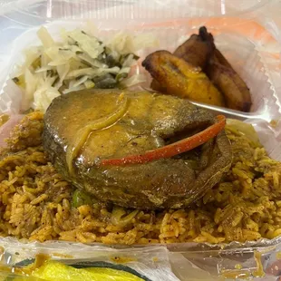 Steamed or Fried King Fish with Curry Sauce + Plantain + Mixed Greens/Cabbage