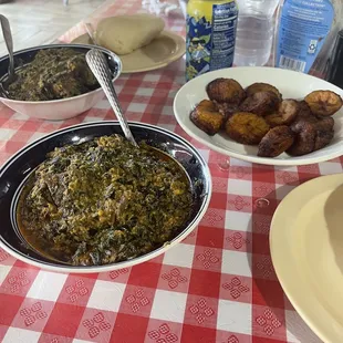 Egusi with goat and plantains.