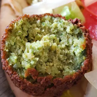 Interior of falafel piece ($9), vegan if you omit the tzatziki sauce. Decent, not amazing.