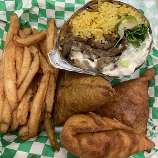 Lamp Chapati Wrap and Mixed Sambusas (3 pc)