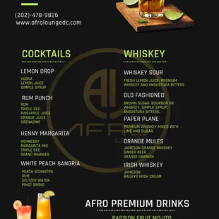 the menu for afro cocktails