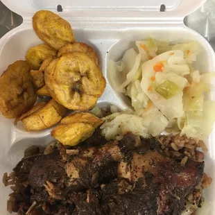 Dark jerk chicken with rice &amp; peas, cabbage, and plantains. All for only $7.49!!!