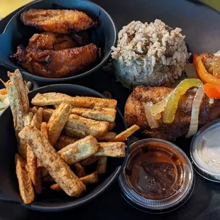Caribbean fries, Jamaican Fried fish, peas and rice, fried plantains, and coleslaw