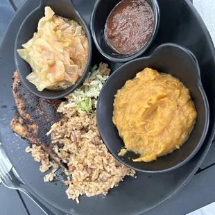 Sweet Potato &amp; Plantain Mash Smothered Cabbage Jamaican Fried Fish Plate