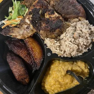 Jerk chicken,rice and peas ,plantains,mashed sweet potato