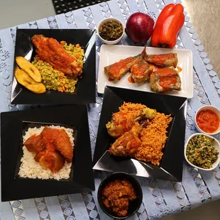 four plates of food on a table