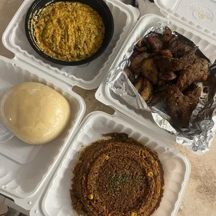 Egusi Soup, Fufu, Jollof Rice, Whole Wings &amp; Fried Plantains