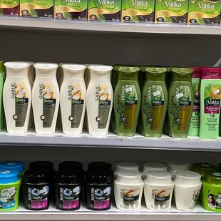 a shelf full of products