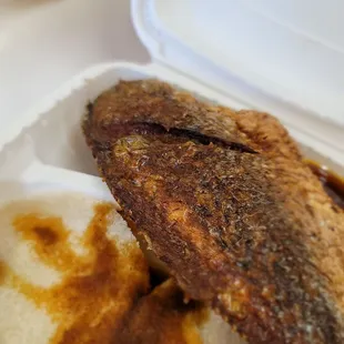 a fried fish in a styrofoam container