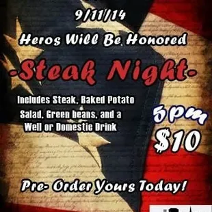Thursday September 11th join us for Steak Night!
