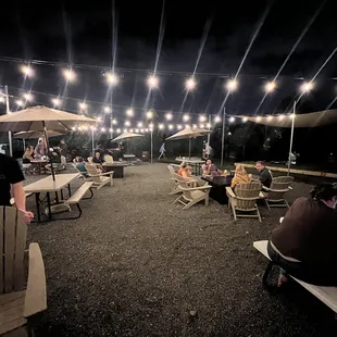 a group of people sitting under umbrellas