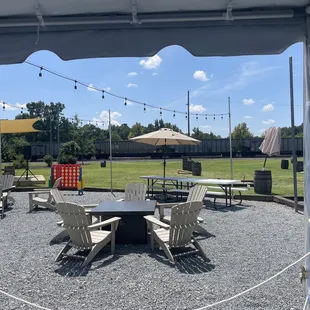 tables and chairs under a tent