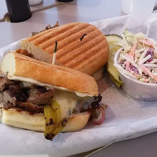 Green chili cheesesteak with broccoli slaw... meat was tough.