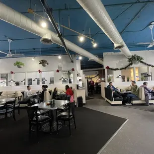 people sitting at tables in a restaurant